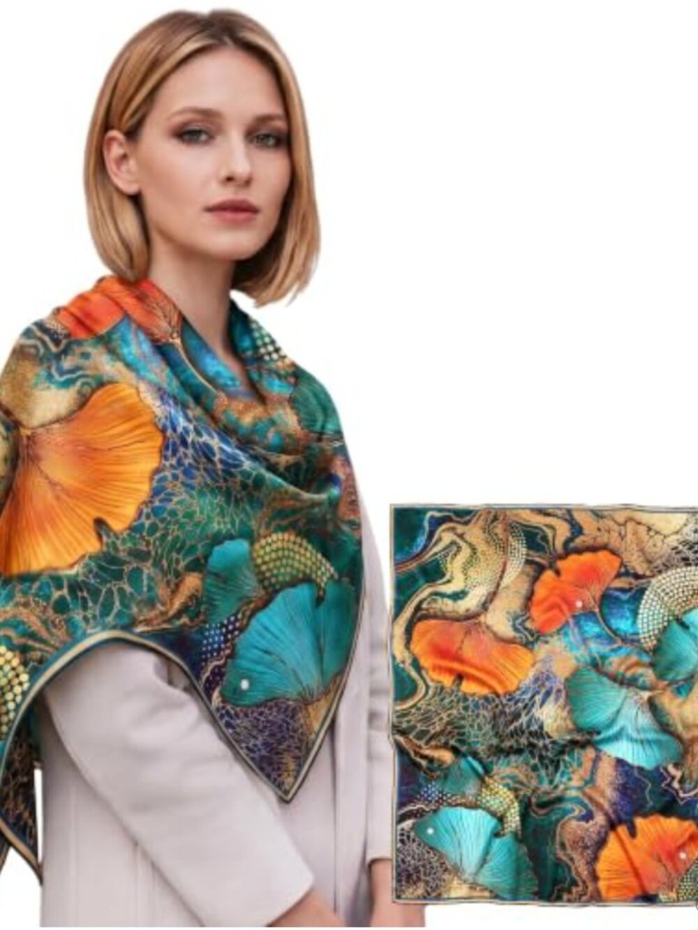 100% Mulberry Silk Scarf 43" Large Square Ginkgo Print Hand-Rolled Hem